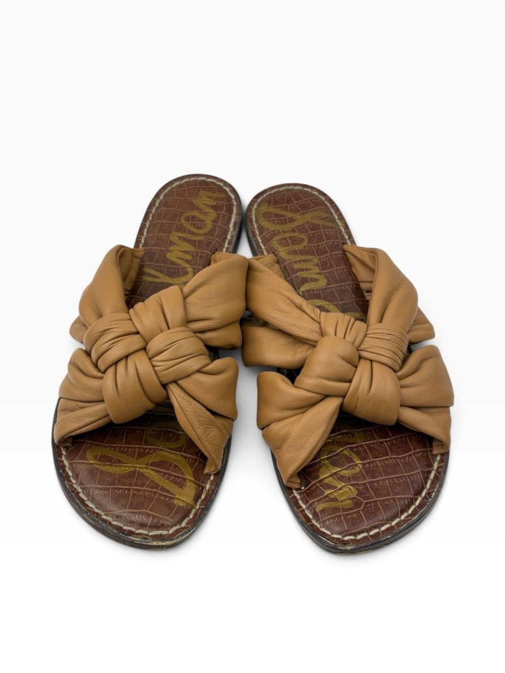 -Sam Edelman Garson Slide Sandals Womens 8.5 Camel Leather Knotted Bow